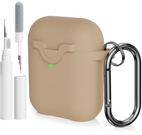 AOTUAO Compatibile con AirPods 2 e 1 Custodia Cover e Kit di Pulizia, Case Protettiva Antiurto e Antiscivolo in Silicone per AirPods 2a e 1a Generazione con Moschettone, Milk Tea