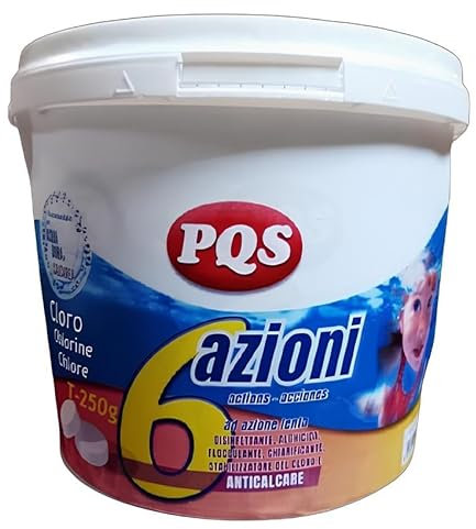 PQS - Cloro 6 Azioni con Anticalcare T-250g - Disinfettante Piscina - Pastiglie per Acqua Dura - Flocculante, Algicida, Stabilizzatore, Anticalcare - Formato 5 kg