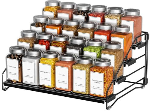 BOIVSHI 4 Tier Spice Rack for Cabinet, Spice Rack Organizer, Depth Adjustable Spice Holder for Countertop, Cupboard, Pantry, Seasoning Shelf, Metal, Black (1 Pack)