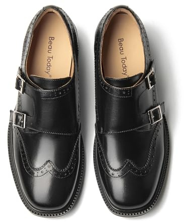 Beau Today Loafers for Women, Monk Strap Brogue Leather Loafer Shoes for Women, Comfortable Square Toe Loafer Flats, Business Casual Vintage Dress Shoes, Black, 8 UK