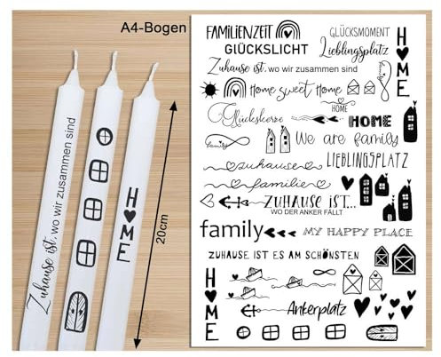 Wasserschiebefolie Kerzentattoos Home A4 Schiebefolie für Kerzen Tattoo Sprüche Zuhause Kerzenfolie Kerzensticker Kerzenaufkleber Kerzenschiebefolie Stabkerzen mit Spruch Haus Geschenk