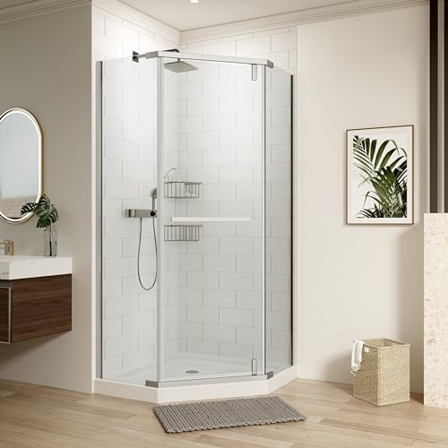 VISRACK 34 3/4~35 9/16 Wx72 in.H Neo-Angle Frameless Shower Door,Corner Shower Enclosure 304 Stainless Steel Handle,Pivot Shower Door 1/4in(6mm) Thick Tempered Clear Glass(Shower Base Not Included)