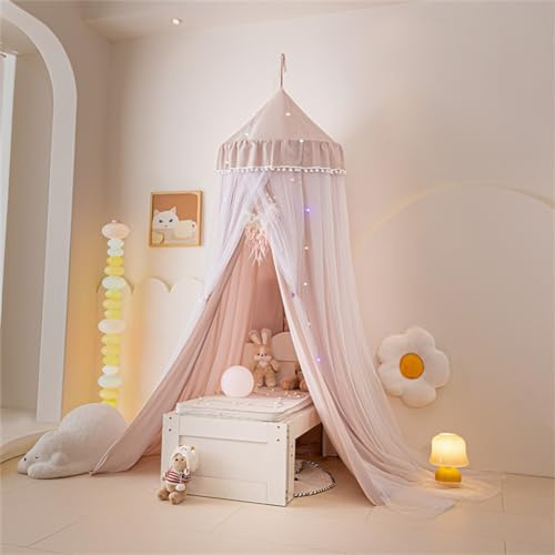Odot Betthimmel Babybett Mädchen Jungen Doppelschicht Himmelbett Vorhänge Kinder Baldachin Kinderzimmer Rund Hängende Princess Moskitonetz für Schlafzimmer Babyzimmer Dekoration (braun)
