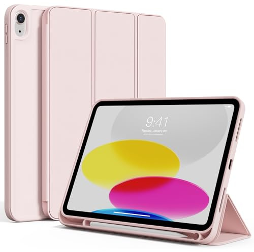 KVTVOU Hülle für iPad 11. / 10. Generation (A16 2025/2022) mit Stifthalter, Dauerhaft PU Leder, Flexible TPU Stoßfeste Rückseite, Unterstützt Touch ID, Auto Wachen/Schlafen, Rosa