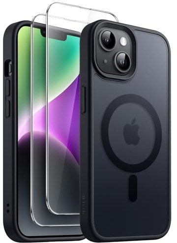 JETech 3-in-1 Matte Magnetische Hülle für iPhone 14 Plus, Schwarz | Kompatibel mit MagSafe, 2 Gehärtete Glas Schutzfolien, Matte Transluzent Rückseite, Stoßschutz