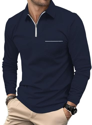 HMIYA Herren Poloshirt-Langarm Poloshirt aus Baumwolle Atmungsaktiv Casual T-Shirt mit Tasche,Navy,L