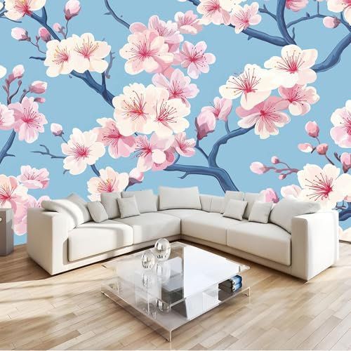 Papier Peint Fleur De Cerisier Japonais Rose Bleu 3D Panoramique Murale Salon 200x140 cm Papier Peint intissé pour Chambre Salon Personnalisé Décoration Murale