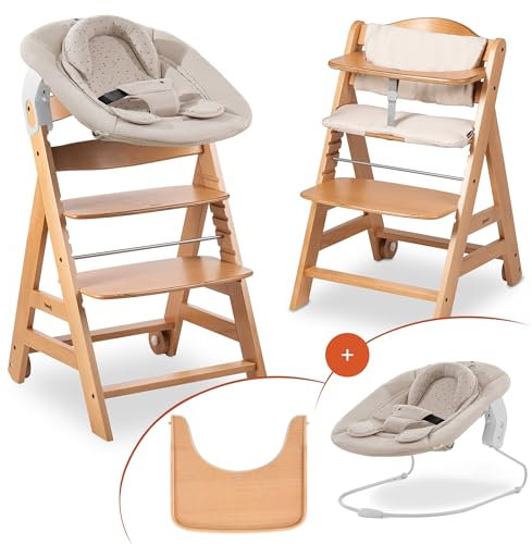 hauck Hochstuhl Beta+ Newborn Set - Babyhochstuhl Set ab Geburt mit 2in1 Neugeborenen Aufsatz Bouncer, Sitzpolster und Essbrett - Natural | Winnie the Pooh