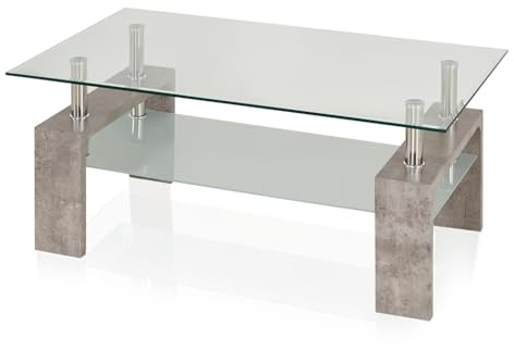 KHG Couchtisch grau, Tischplatte inkl. Ablagefläche aus Glas transparent | Gestell aus Holzwerkstoff foliert in Beton-Optik, 30 kg belastbar, klassischer Couchtisch fürs Wohnzimmer
