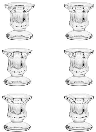 6 Piece Glass Taper Candle Holders Set Transparent Crystal Candlestick Holders Thick Glass Candle Holders Ideal for Wedding Christmas Party Table Centerpiece Decor