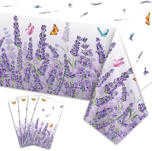 4Pcs Lavender Tablecloths Rectangle Purple Flower Table Cloths Butterfly Table Cover for Spring Tea Lilac Butterfly Lavender Party Decorations, 130 x 220cm