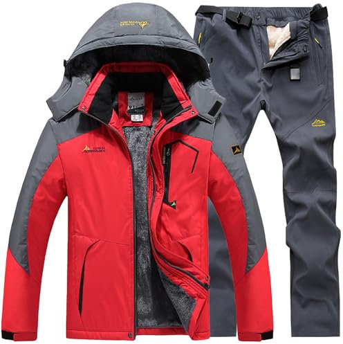 Generisch Skianzug Herren 2 Teilig Set Winddicht Schneeanzug mit Kapuze Skibekleidung Set Wasserdicht Ski Anzug Männer Winter Warm Skijacke Und Hose Thermoanzug Winterjacke Fleece Lined Windjacke