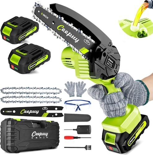CEEPUY Mini motosierra inalámbrica, motosierra eléctrica portátil de 6 pulgadas con engrasador automático/sierra de mano pequeña alimentada por batería con bloqueo de seguridad, corte de ramas de