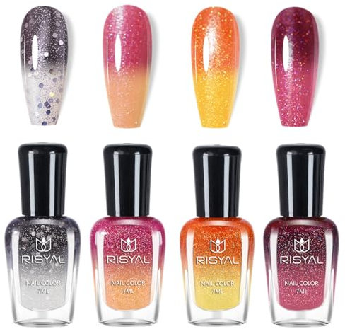 Glitter Nail Polish Set,Temperature Colour Changing Chameleon Nail Varnish Set,Quick Drying Long-Lasting,Rainbow Colour Mood Chameleon Long Lasting Glossy Nail Polish Kit - Without Use UV Lamp