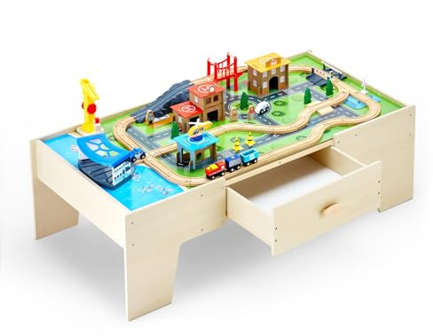 VEVOR Mesa de Actividad de Tren 62 Piezas de Madera 1270 x 621 x 394 mm Mesa de Juegos de Tren Circuito de Ferroviarias Juguetes Creativos con Cajón de Almacenamiento para Facilitar Organización