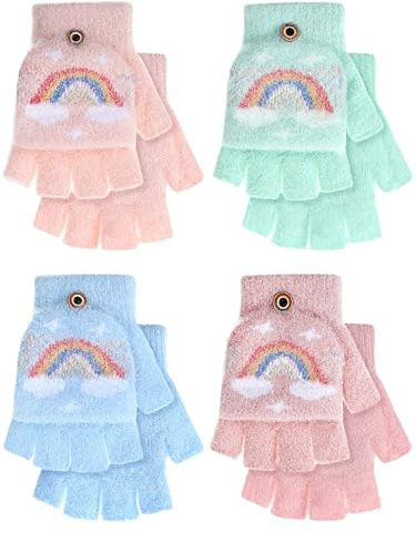 Fourluoo 4 Pairs Kids Fingerless Gloves Winter Mittens Convertible Flip Gloves Half Finger for Toddler Girls Boys 3-8 Years(Lovely Colors,Rainbow)