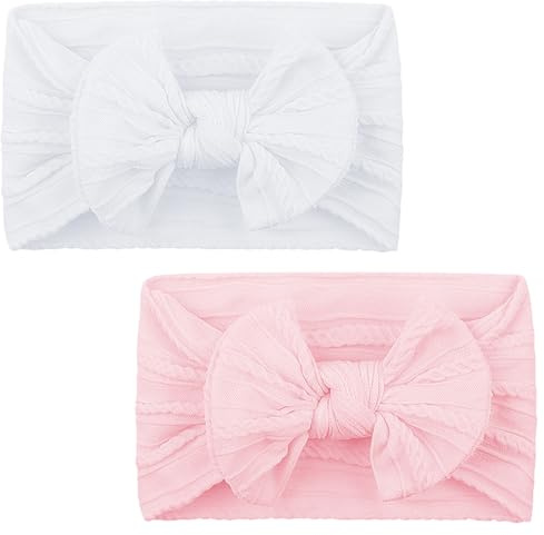 FAYAHAR 2 Stück Baby Mädchen Stirnbänder, Elastisch Schleifen Turban Haarband, Spitzebowknot-Haarband Weich Baby Hairband, Elastische Haarbänder, für Kleinkinder, Neugeborene (Rosa und Weiß)