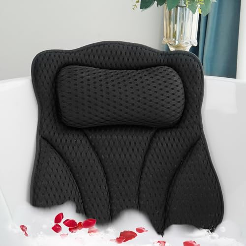 Joeyset Bath Pillows for Tub Head Neck Back Support, Bathtub Pillow 4D Breathable Air Mesh, Spa Relaxing Gifts for Women, Luxury Bathing Accessories with 6 Suction Cups and Hook, Black