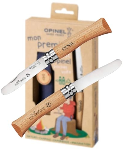 OPINEL Kindermesser Mein Erstes Messer – personalisiert mit Gravur – Sicherheitsmesser mit abgerundeter Klinge & Holzgriff