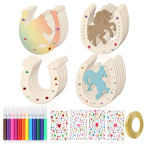 Hopton 41 Stück Hufeisen Holz zum Bemalen,Hufeisen Basteln Kindergeburtstag | Bastelset Kinder,Hufeisen Deko,Holzscheiben Hufeisenform mit Aquarellstift,Aufkleber,Glitzerband für DIY,Party,Geburtstags