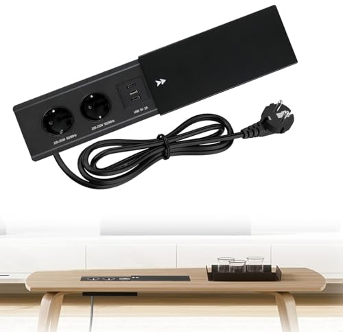 ZRZTM Tischsteckdose mit USB C PD20W: Einbausteckdose mit 2 USB A und 1 Type-C, Aluminium Tischplatte Schiebedeckel Versenkte Steckdose, 16A/1500W, mit 1.8M Kabel, für Schreibtisch Küche Büro