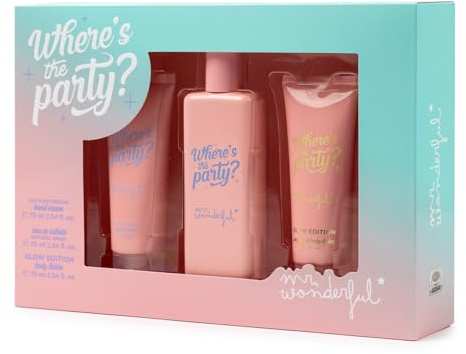 MR WONDERFUL - Where's the Party? Colonia 75ml + Crema Manos 75ml, Estuche de Regalo Mujer, Crema de Cuerpo Glow Edition 75 ml, Eau de Toilette Femenina, Aroma Dulce y Afrutado, Fragancia Duradera