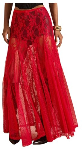 WDIRARA Women's Sexy See Through Sheer Lace Maxi Skirt Low Waist Ruffle Hem A Line Flowy Skirt Red Large
