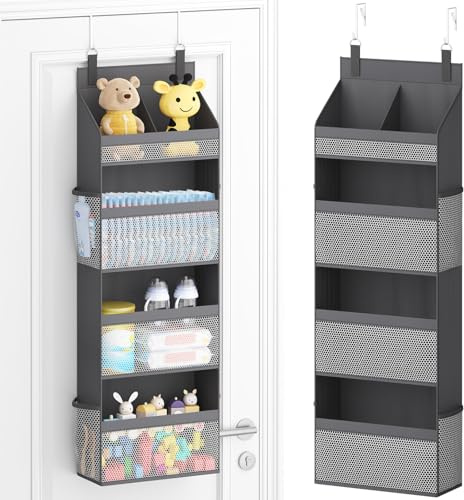 Lifewit 4-stufiger Tür Organizer Hängend für Windeln und Stofftiere, Großer Hängeorganizer mit 4 Mesh-Taschen, Stabiles Türregal für Kinderzimmer, Kleiderschrank, Speisekammer, 108,5 cm(H), Grau