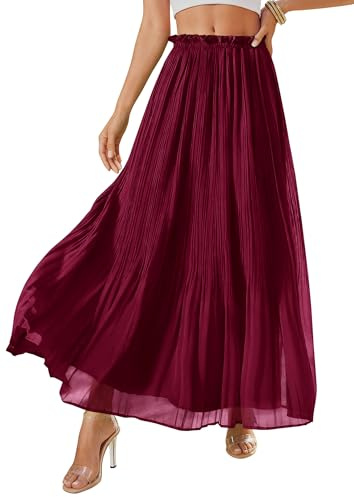 PRETTYGARDEN Long Skirts for Women Summer Vacation Outfits 2026 Spring Chiffon Elastic Waist Flowy A-Line Pleated Midi Skirt(Wine Red,Large)