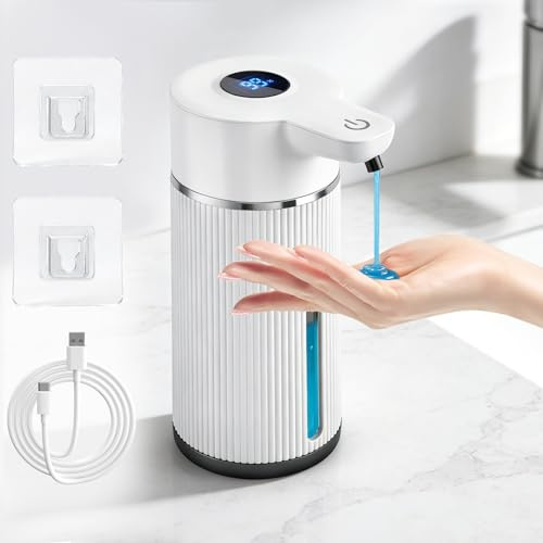 Distributeur Savon Automatique, 420ml Distributeur Savon Mural Automatique avec Capteur Infrarouge, Distributeur Savon Rechargeable 4 Vitesses, Étanche IPX5, Adapté à la Cuisine, Salle de Bain, Blanc