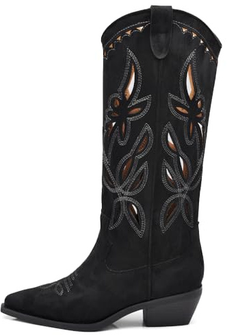 IF Stivali Texani Donna al Ginocchio, Ricami e Lavorazione Traforata, Suola in Gomma Silenziosa,Stile Cowboy Camperos MP746-3 nero 37