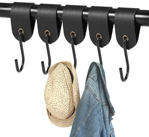 Rairsky 5 Stück S Haken Schwarz, Leder-S-Haken, Kleiderhaken Leder | Haken mit Lederschlaufe, S Camping Hakens, Lederhaken für Aufhängen Töpfen Pfannen Mantel Handtuch Küche Badezimmer