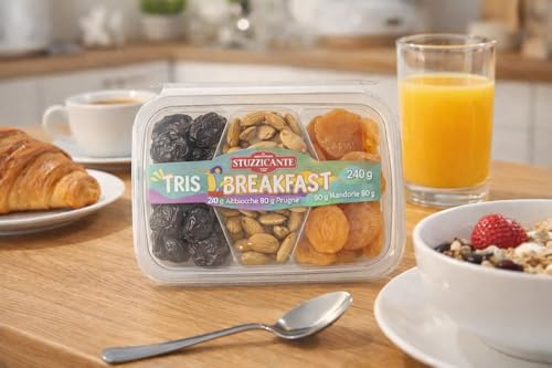 Tris Breakfast 270 g con Albicocche, Prugne e Mandorle, Mix Frutta Secca e Disidratata per Colazione, Snack Naturale in Vaschetta Divisa Salvafreschezza Richiudibile