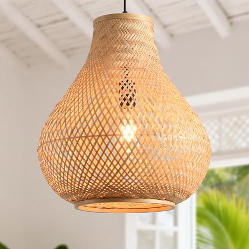 Parrot Uncle Boho Rattan Pendelleuchte, 38cm natürlicher Bambus Lampenschirm, Korb Hängelampe, höhenverstellbar, E27-Fassung für Esszimmer, Schlafzimmer, Flur(keine Glühbirne) [Energieklasse A]