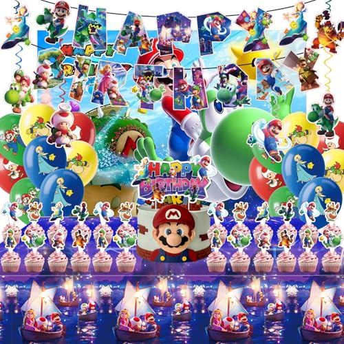 Birthday Party Decorations,50PCS latest Mario Cartoon Theme Supplies - 1 large cake plugin, 1 Backdrop, 1 Banner,6 decorative pendants, 1 Tablecloth, 24 Cake Toppers, 16 Latex Balloons.