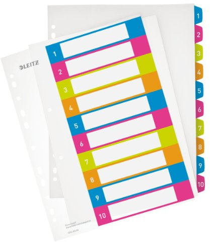 Leitz A4 Register, Trennblätter, Beschriftbares Deckblatt,WOW, Mehrfarbig (Zahlen 1-10/10er Pack)