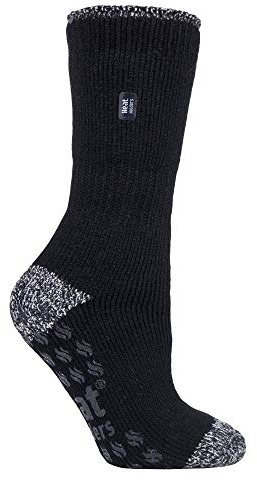 HEAT HOLDERS Ladies 2.3 Tog Chunky Thermal Slipper Socks with Non Slip Grippers (5-9 US, Black (Juniper))
