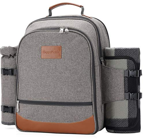 HappyPicnic Insulated Picnic Backpack for 4 Persons with Full Set of Tablewares, Roomy Cooler Compartment, Bottle Holders and Large Waterproof Picnic Rug