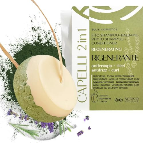 Senso Naturale Shampoo Solido e Balsamo Capelli 2 in 1 Rigenerante per Capelli Ricci e Anticrespo con Spirulina, Aloe, Bergamotto, Rosmarino, Fieno Greco e Lavanda, PH 4,5-5,5 100% Naturale Biologico