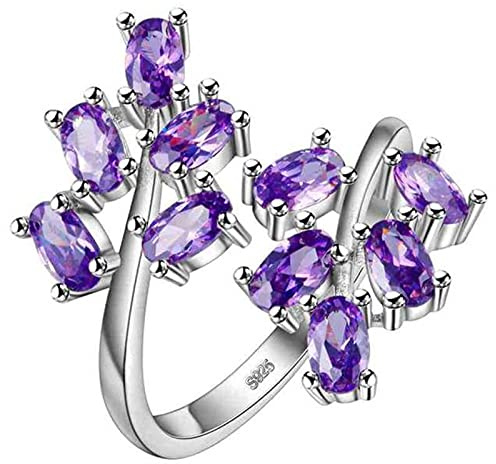 Anillo de piedras preciosas de joyería de plata 925 ajustable con apertura para mujer, amatista, rubí, polvo, cristal, planta, hoja, joyería, regalo