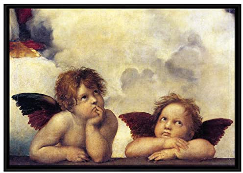 Pixxprint Raffael - Sixtinische Madonna zwei Engel Leinwandbild 100x70 cm im Bilderahmen, Wandbild, Schattenfugenrahmen, Kein Poster