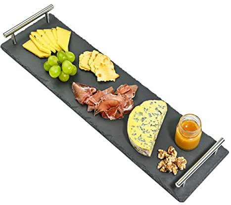 Praknu Plateau en Ardoise avec Poignées - 50 cm de Long - Idéale pour le Service - Pierre Naturelle - Antidérapant