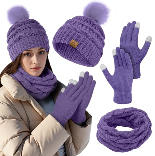 URATOT Winter Warme Stricksets Beanie Pompon Mütze Schals Winter Touchscreen Handschuhe Schal Set für Männer Frauen