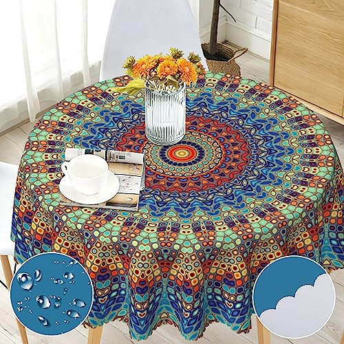 Boho Round Tablecloth 60 inch, Bohemian Circle Table Cloth Cover, Stain Resistance, Water Repellent and Wrinkle-Free, Colorful Tablecloths Decor for Home Kitchen Dining Party Patio Indoor and Outdoor