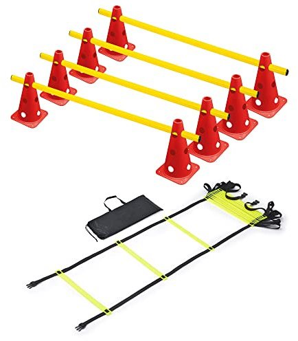 RHINOS sports Agility Trainings-Set | Koordinationsleiter 4m inkl. Tasche + Steckhürdenset 4er | 8 rote Kegel: 22,5cm | 4 gelbe Stangen: 1m