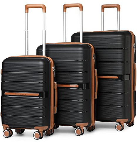 British Traveller Suitcase Carry On Hand Cabin Luggage Large Hard Shell PP Checked in Suitcase with 4 Spinner Wheels TSA Lock 20 24 28 Travel Trolley Case(3 Pcs Set, Black)