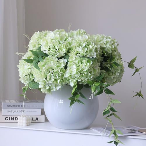 grtefhu 4pcs 21 Faux Green Hydrangeas Artificial Flowers, Real Touch Silk Hydrangea Flowers with Stems for Bridal Wedding Bouquet Party Home Decor