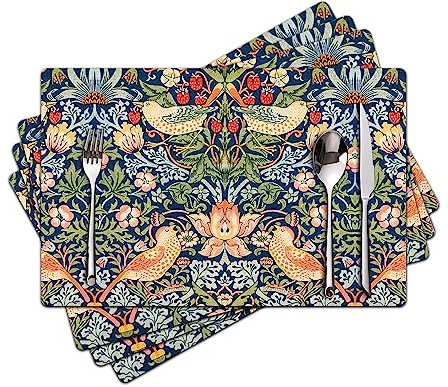 Reizmet William Morris Strawberry Thief Placemats - Placemats set of 4 Faux Leather Heat Resistant for Dinner Table, Non-Slip Waterproof Oil-Proof Washable Reusable Placemat for Indoor Outdoor Kitchen