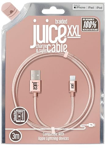 Juice Apple Lightning-Kabel, 3 m, geflochten, umweltfreundlich, Roségold, iPhone 14, Max, Pro, Plus, iPhone 13, Max, Pro und Mini, iPhone 12, Max, Pro und Mini, iPhone 11, Pro, X, Xr, iPhone 8, 7, 6,