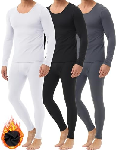 Winvote 3 Pack Thermal Underwear for Men Long Johns Fleece Lined Soft and Warm Set Base Layer for Cold Weather BBlack-White-Grey S